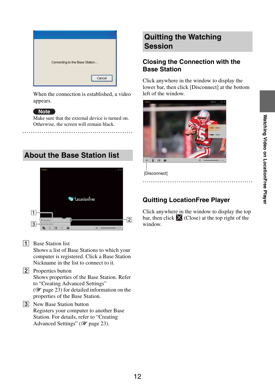 About the base station list, Quitting the watching session, Closing the connection with the base station | Quitting locationfree player | Sony LF-B10 User Manual | Page 52 / 73