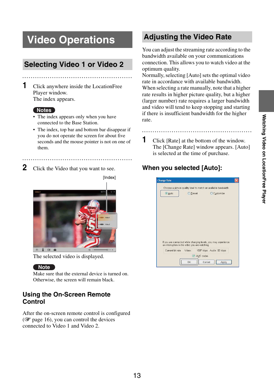 Video operations, Selecting video 1 or video 2, Adjusting the video rate | Sony LF-B10 User Manual | Page 53 / 73