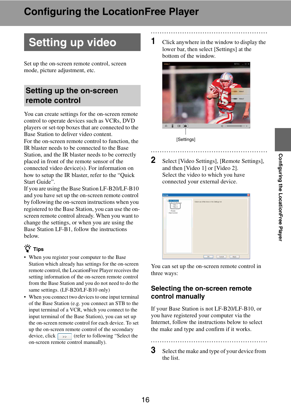 Configuring the locationfree player, Setting up video, Setting up the on-screen remote control | Sony LF-B10 User Manual | Page 56 / 73