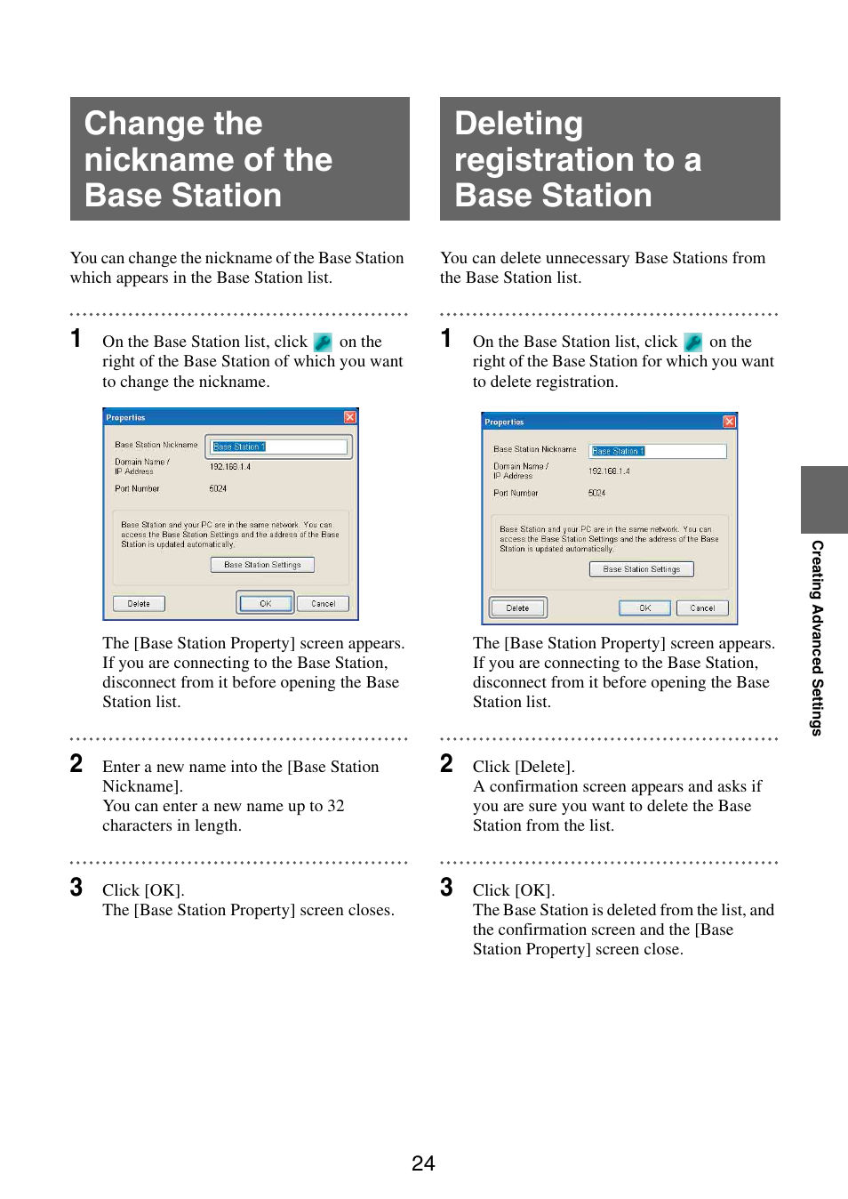 Change the nickname of the base station, Deleting registration to a base station | Sony LF-B10 User Manual | Page 64 / 73