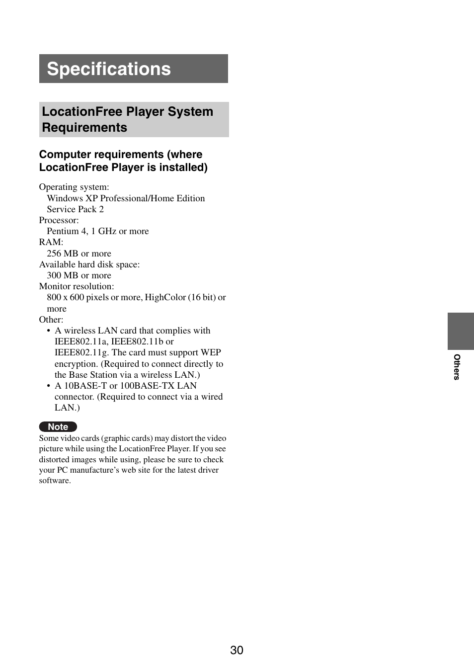 Specifications, Locationfree player system requirements | Sony LF-B10 User Manual | Page 70 / 73