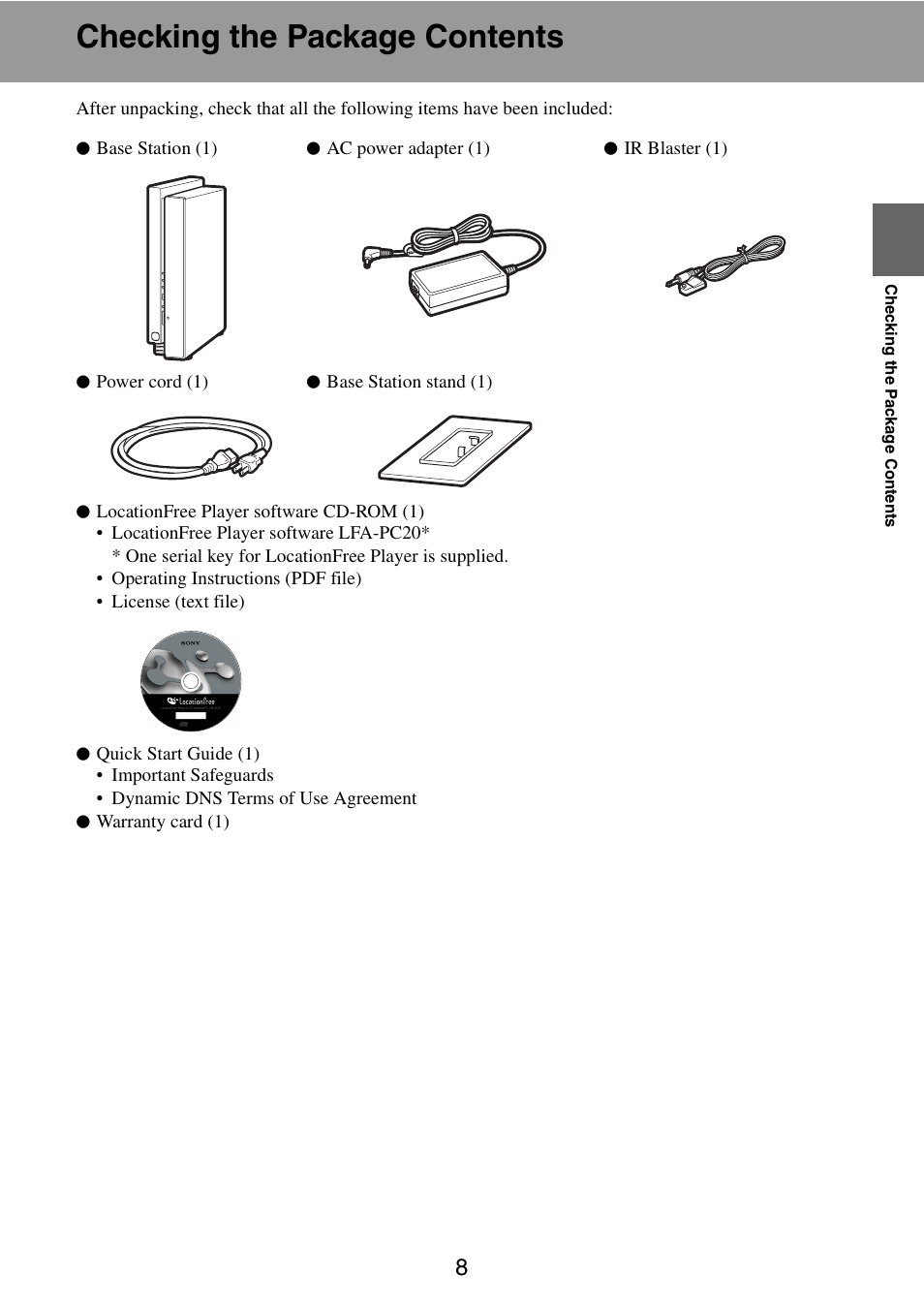 Checking the package contents | Sony LF-B10 User Manual | Page 8 / 73