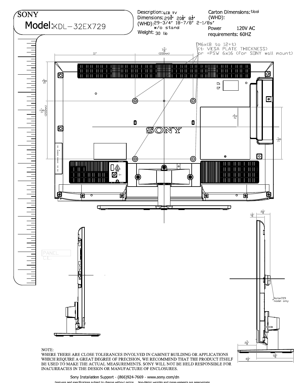 Description: lcd tv carton dimensions:'tbd, Owin i dimensions: 29?' 2oi' 8^' (whd), M6x(8 to 12+t) | Model | Sony KDL-32EX729 User Manual | Page 2 / 3