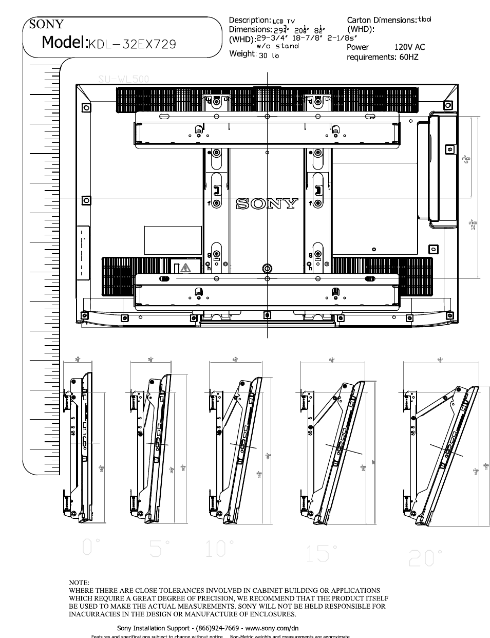 Description: lcd tv carton dimensions:'tbd, Owin i dimensions: 29?' 2oi' 8^' (whd), Model | Sony KDL-32EX729 User Manual | Page 3 / 3