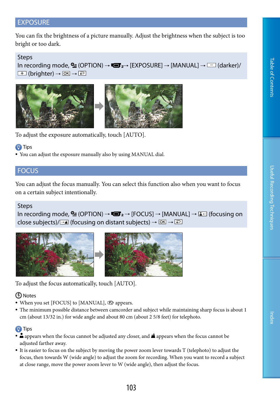 S (103), Exposure, Focus | Sony HDR-XR520V User Manual | Page 103 / 136
