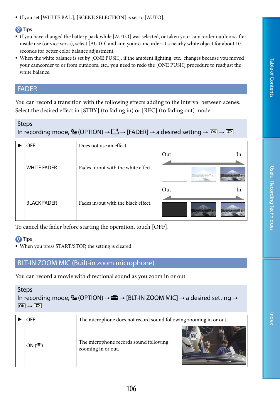 C (106), Er (106), Fader | Blt-in zoom mic (built-in zoom microphone), Steps in recording mode, (option), A desired setting, Blt-in zoom mic | Sony HDR-XR520V User Manual | Page 106 / 136