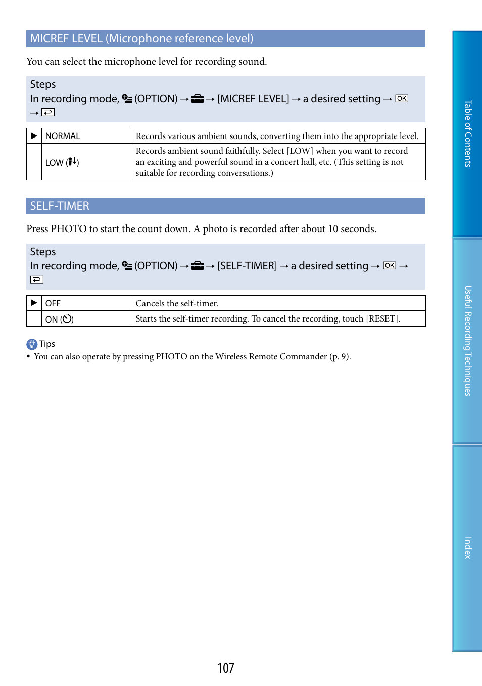 G (107), W (107), Micref level (microphone reference level) | Self-timer | Sony HDR-XR520V User Manual | Page 107 / 136