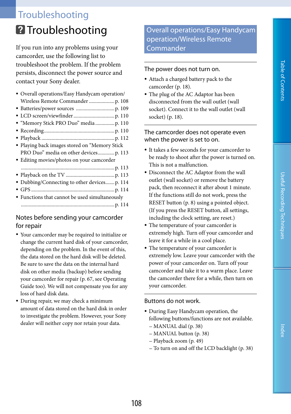 Troubleshooting | Sony HDR-XR520V User Manual | Page 108 / 136