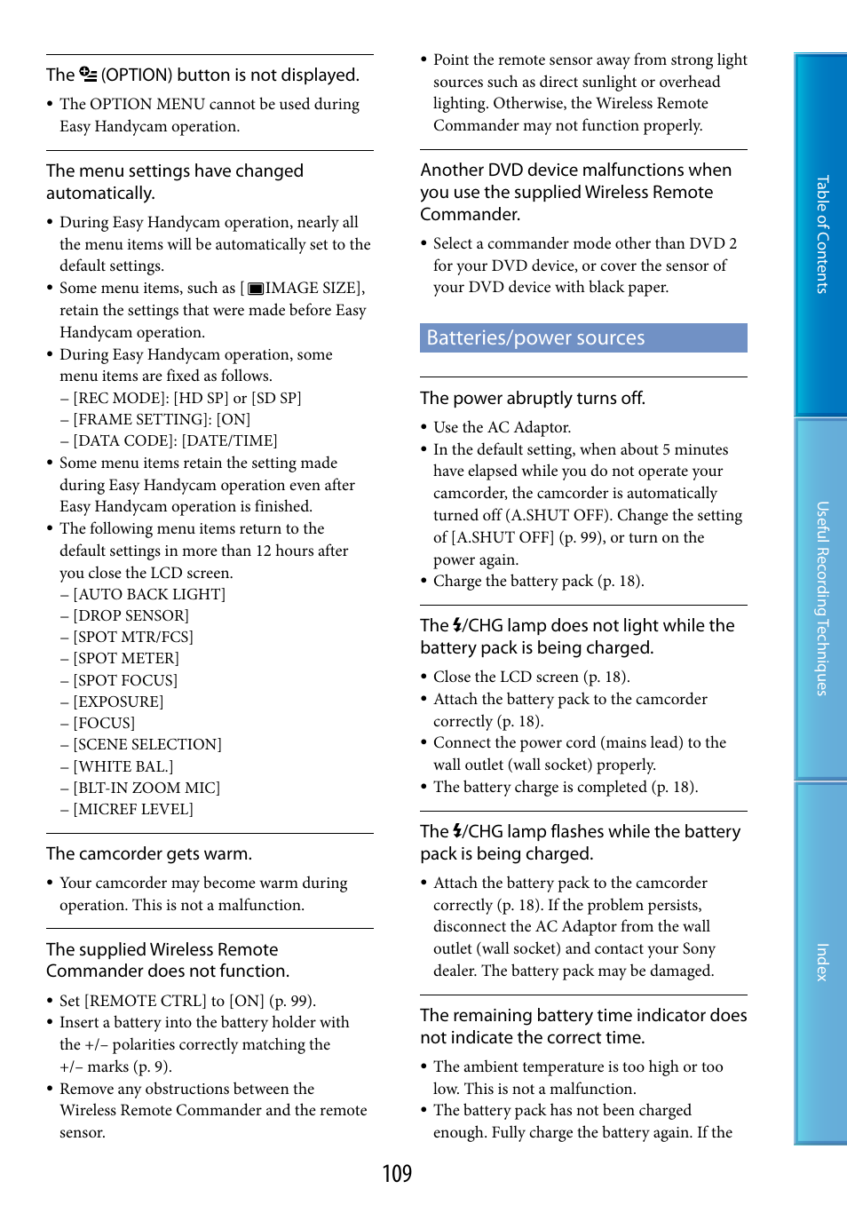 Batteries/power sources | Sony HDR-XR520V User Manual | Page 109 / 136
