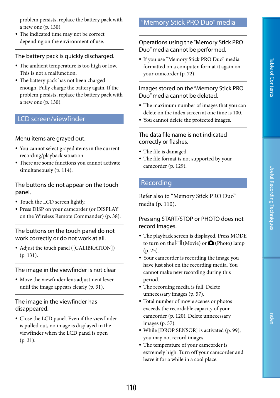 Lcd screen/viewfinder, Memory stick pro duo” media, Recording | Sony HDR-XR520V User Manual | Page 110 / 136