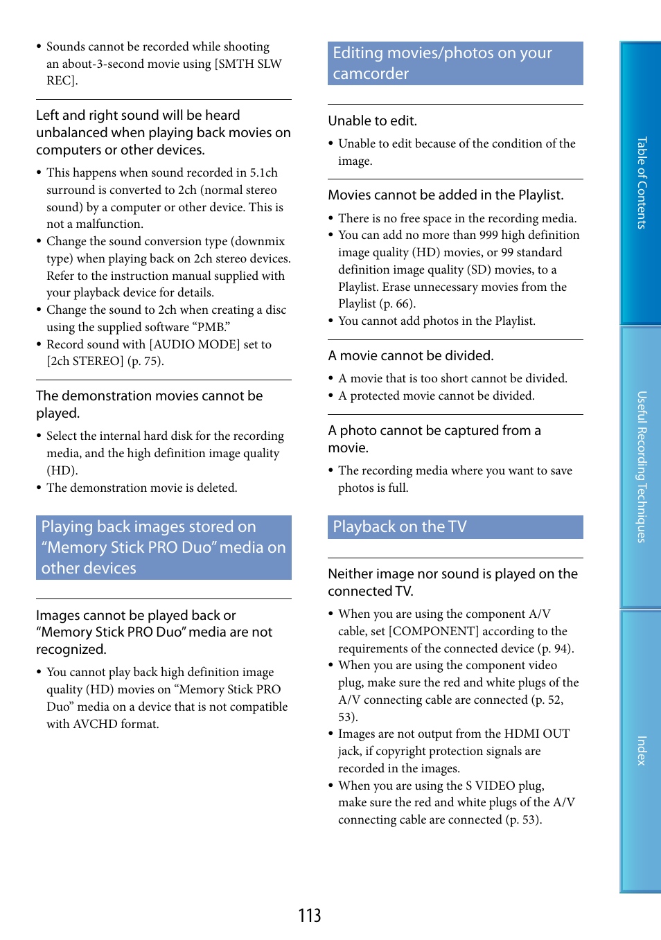 Playing back images stored on “memory stick, Pro duo” media on other devices, Editing movies/photos on your camcorder | Playback on the tv | Sony HDR-XR520V User Manual | Page 113 / 136