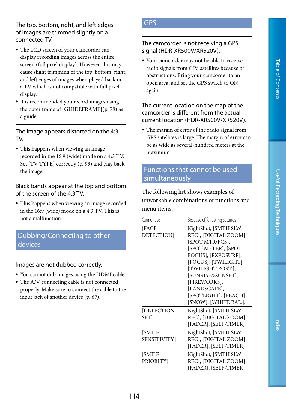 Dubbing/connecting to other devices, Functions that cannot be used simultaneously | Sony HDR-XR520V User Manual | Page 114 / 136