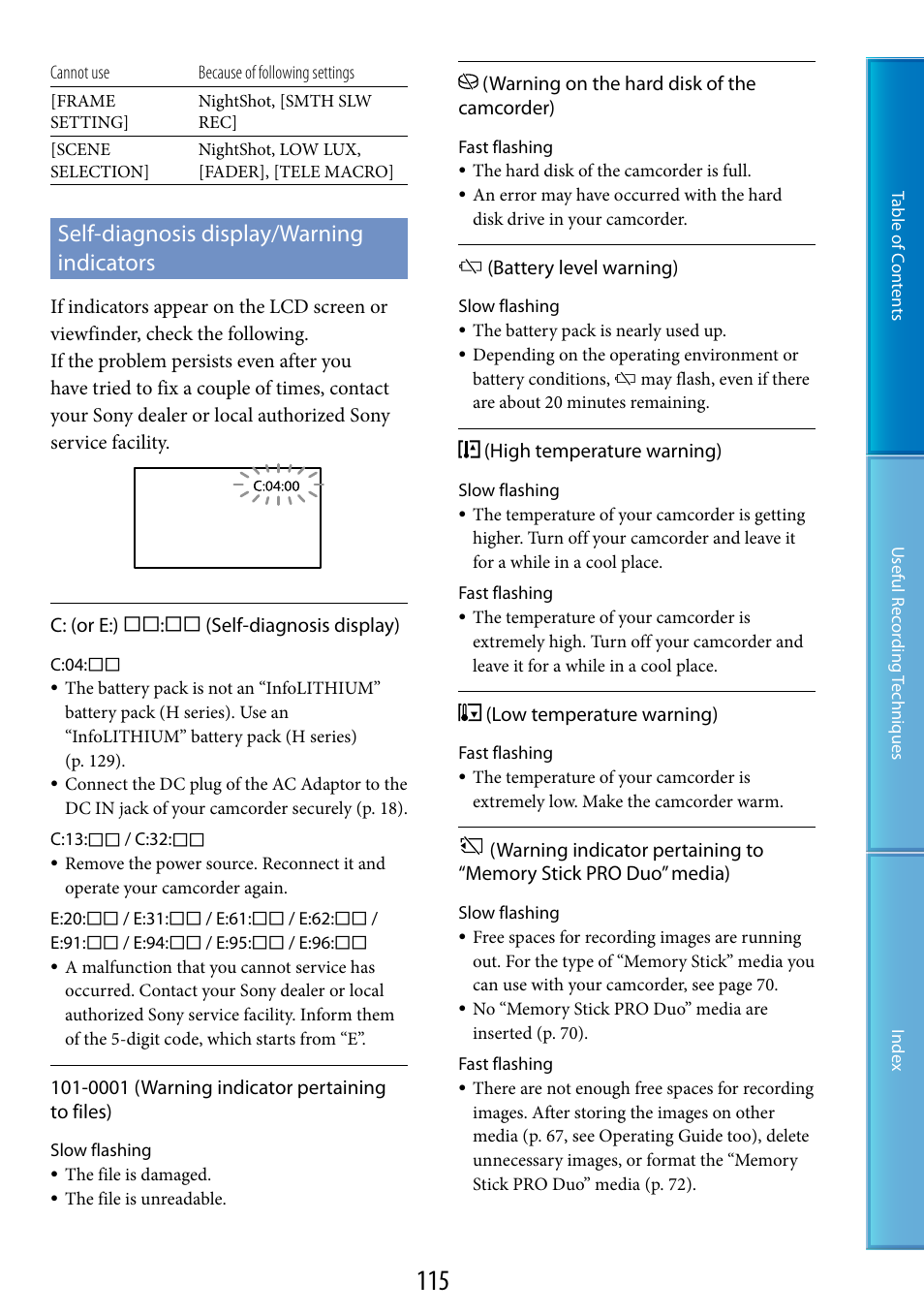 Self-diagnosis display/warning indicators, G (115) | Sony HDR-XR520V User Manual | Page 115 / 136