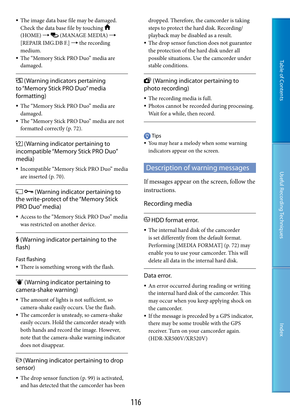 Description of warning messages, Recording media | Sony HDR-XR520V User Manual | Page 116 / 136