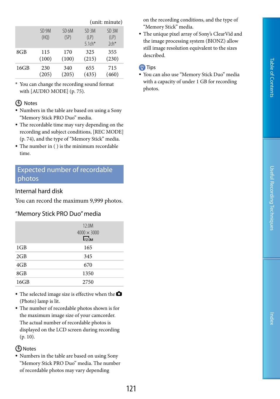 Expected number of recordable photos, E 121 o, Internal hard disk | Sony HDR-XR520V User Manual | Page 121 / 136