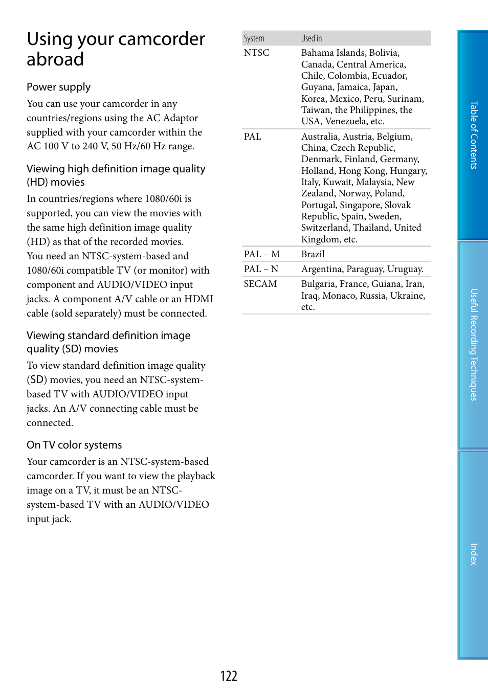 Using your camcorder abroad | Sony HDR-XR520V User Manual | Page 122 / 136