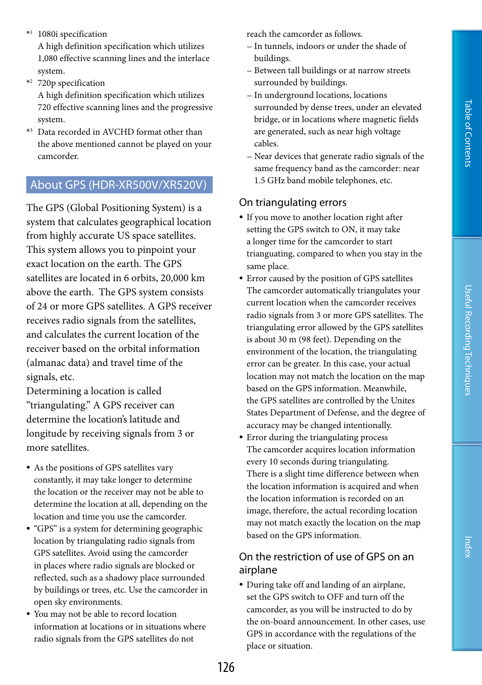 About gps (hdr-xr500v/xr520v), On triangulating errors, On the restriction of use of gps on an airplane | Sony HDR-XR520V User Manual | Page 126 / 136
