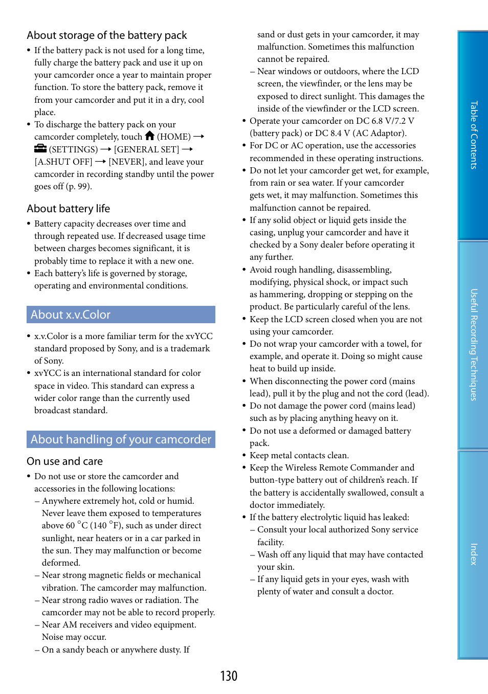 About x.v.color, About handling of your camcorder, About x.v.color about handling of your camcorder | E “about handling of your, Camcorder, About storage of the battery pack, About battery life, On use and care | Sony HDR-XR520V User Manual | Page 130 / 136