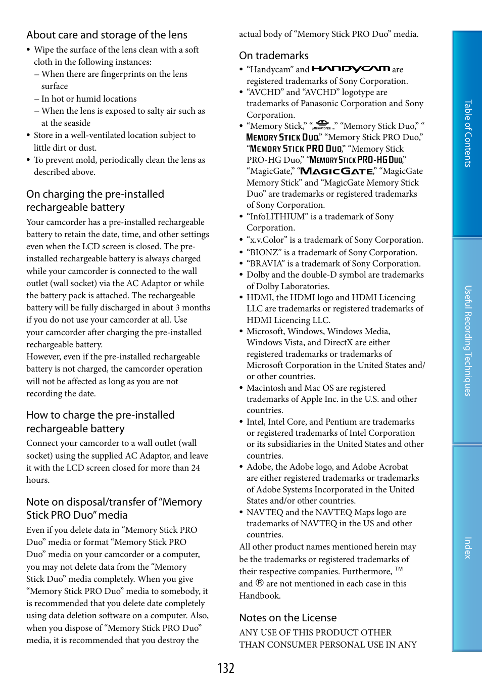 About care and storage of the lens, On charging the pre-installed rechargeable battery, On trademarks | Sony HDR-XR520V User Manual | Page 132 / 136