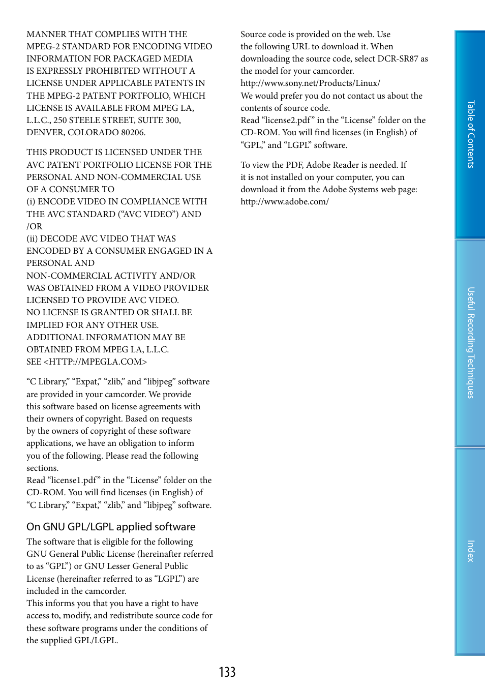 On gnu gpl/lgpl applied software | Sony HDR-XR520V User Manual | Page 133 / 136