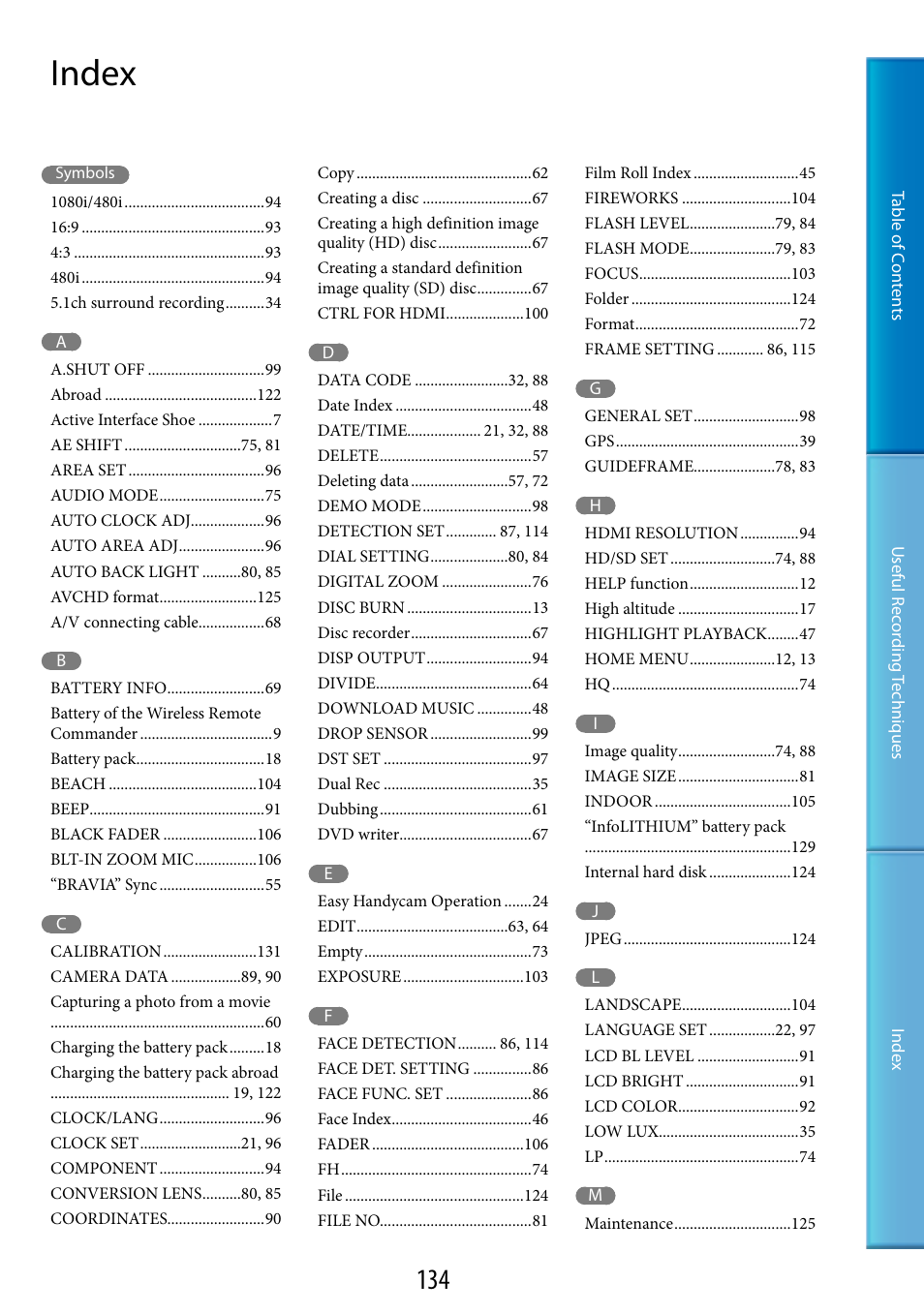 Index | Sony HDR-XR520V User Manual | Page 134 / 136