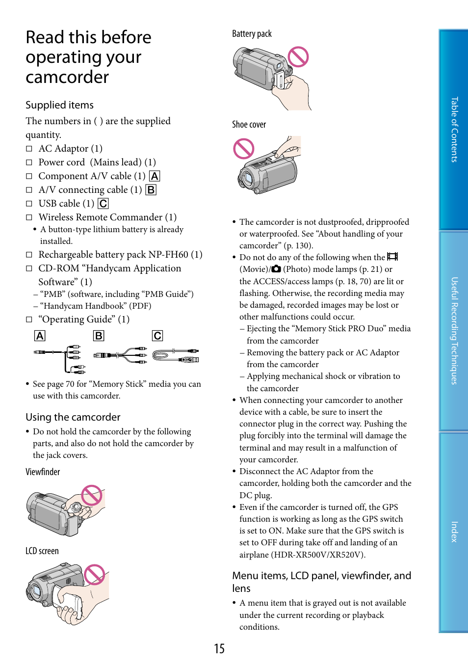 Read this before operating your camcorder, Supplied items, Using the camcorder | Menu items, lcd panel, viewfinder, and lens | Sony HDR-XR520V User Manual | Page 15 / 136