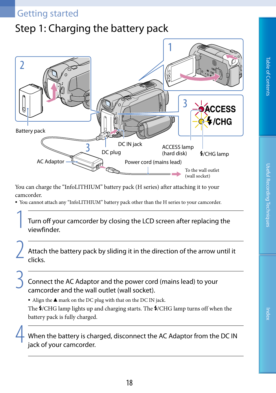Getting started, Step 1: charging the battery pack, Y pack (18) | D disk) (18), Ge) lamp (18), Dc in jack (18), 18, 70) a | Sony HDR-XR520V User Manual | Page 18 / 136