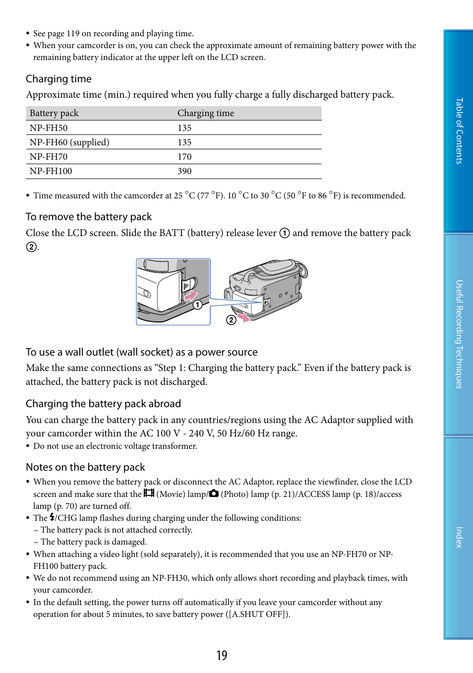 Er (19), Charging time, Charging the battery pack abroad | Sony HDR-XR520V User Manual | Page 19 / 136