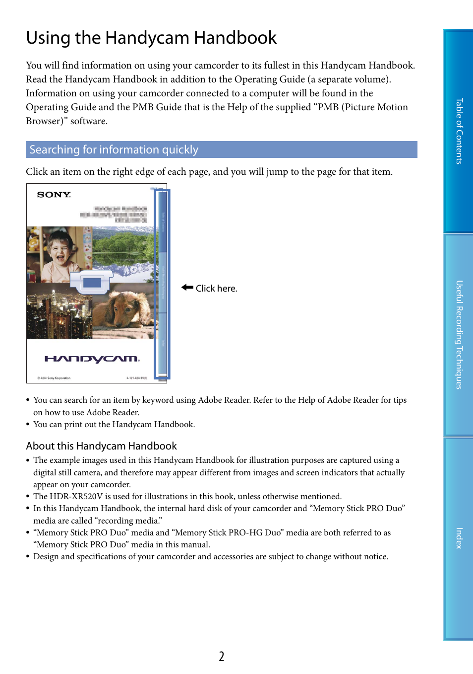 Using the handycam handbook, Searching for information quickly, About this handycam handbook | Sony HDR-XR520V User Manual | Page 2 / 136