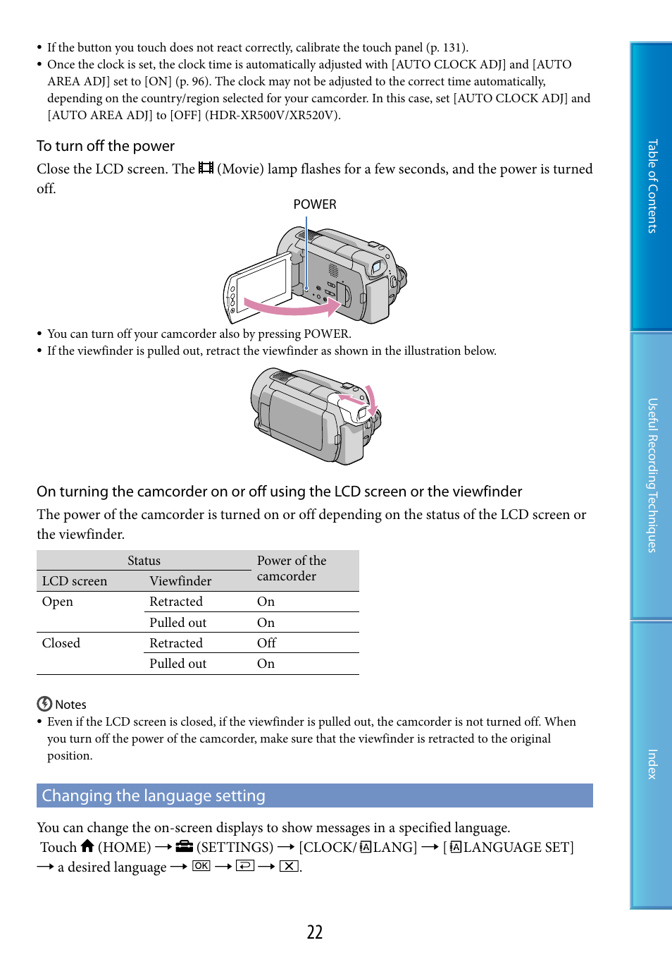 Changing the language setting | Sony HDR-XR520V User Manual | Page 22 / 136