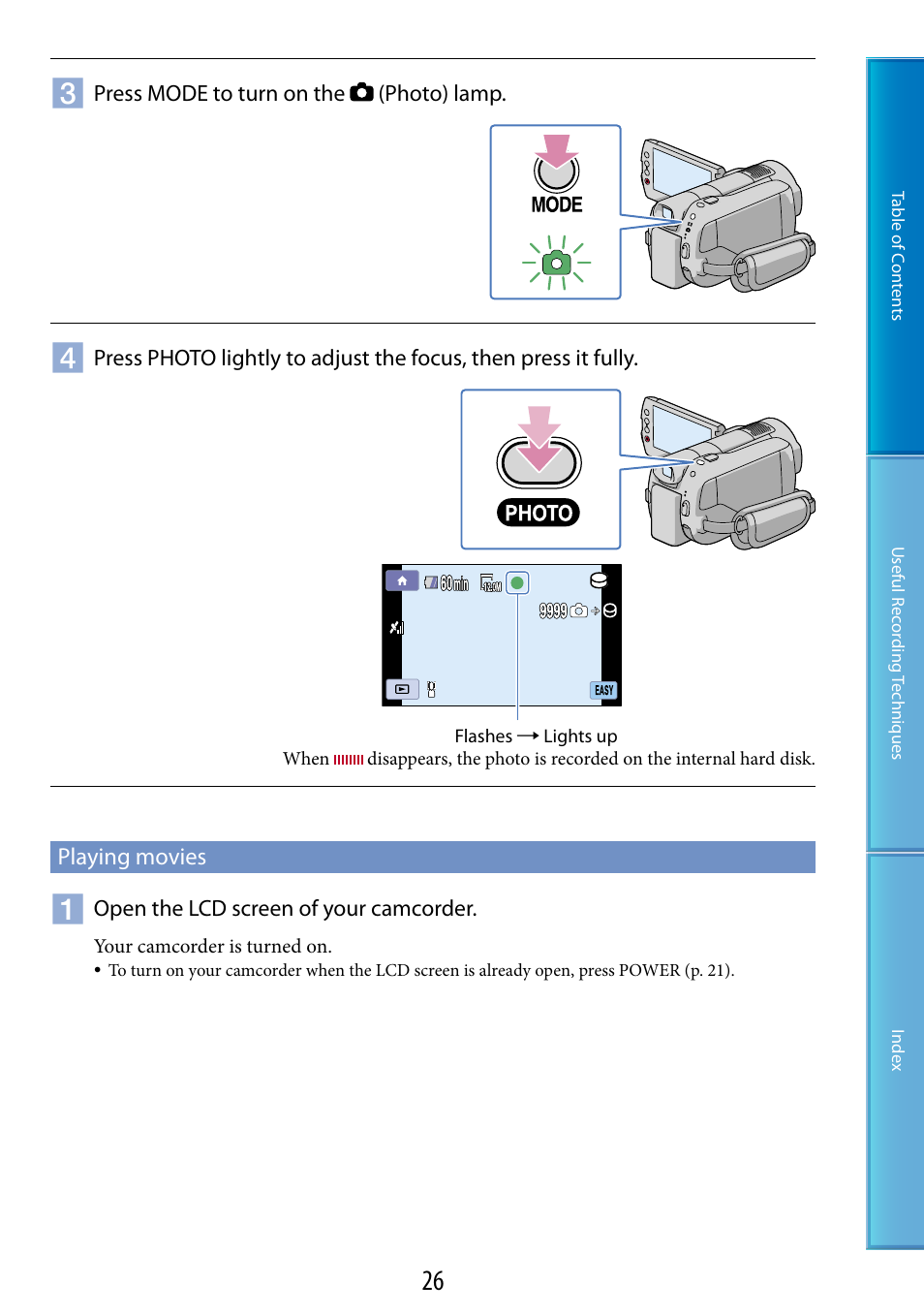 Playing movies, On (26, 32), On (26, 41) | D) (26, 41), E (26, 41) | Sony HDR-XR520V User Manual | Page 26 / 136