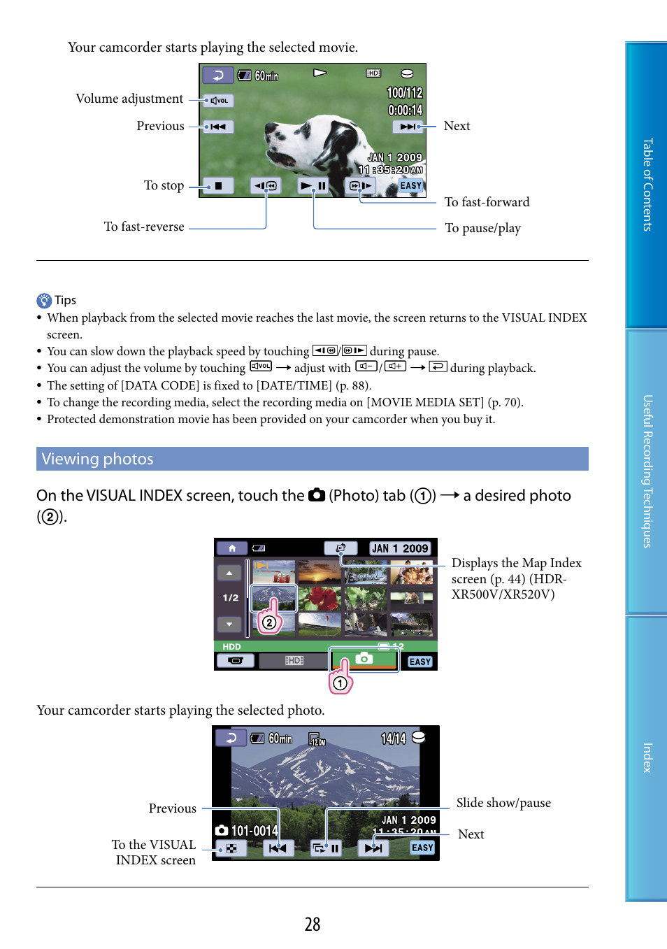 Viewing photos, Ons (28, 42), Ons (28, 28 | On (28, 42), De (28, 41) | Sony HDR-XR520V User Manual | Page 28 / 136