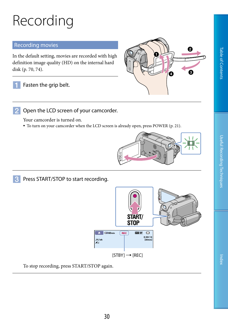 Recording, Recording movies | Sony HDR-XR520V User Manual | Page 30 / 136
