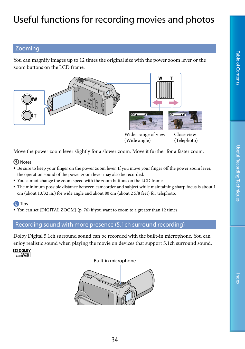 Useful functions for recording movies and photos, Zooming, Ophone (34) | Ons (34, 49), Er (34, 49) | Sony HDR-XR520V User Manual | Page 34 / 136