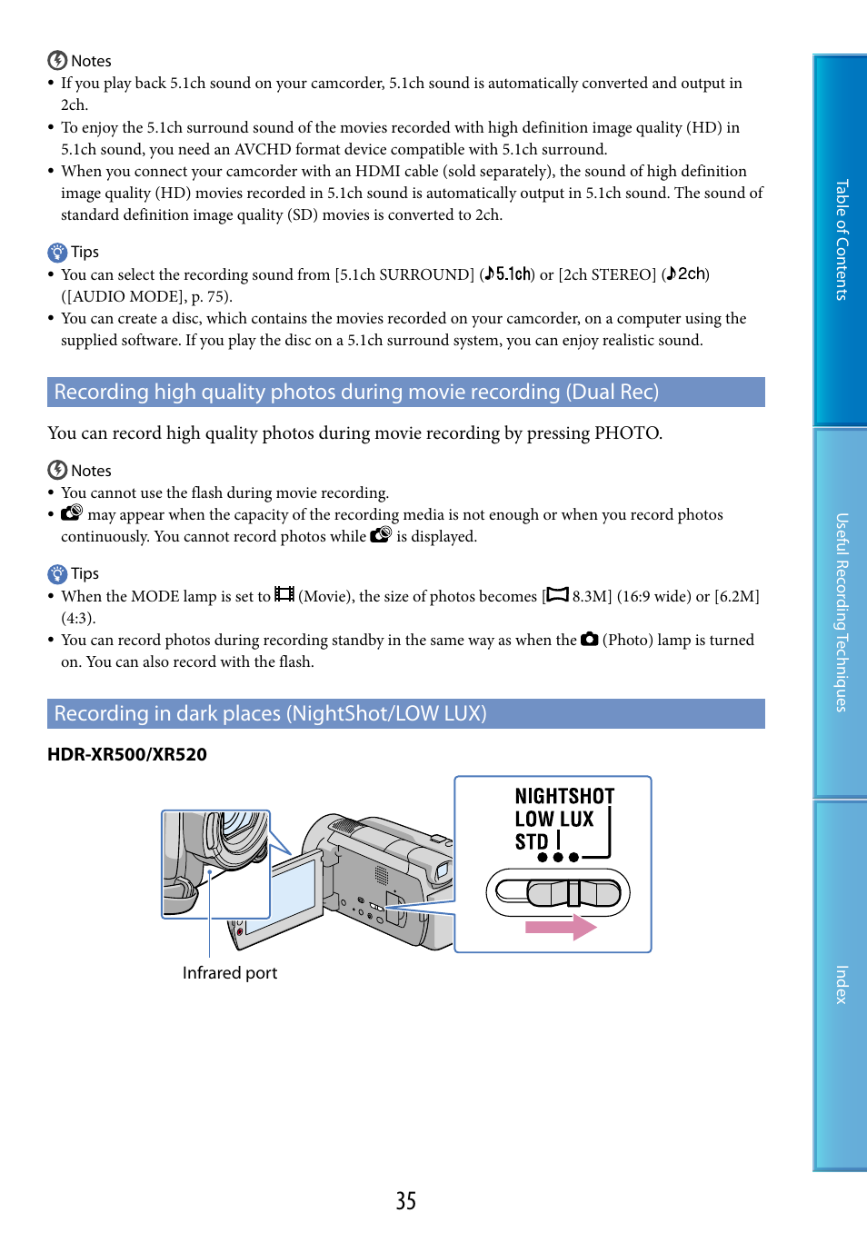 Recording in dark places (nightshot/low lux), Ch (35), T (35) | Ux (35) | Sony HDR-XR520V User Manual | Page 35 / 136