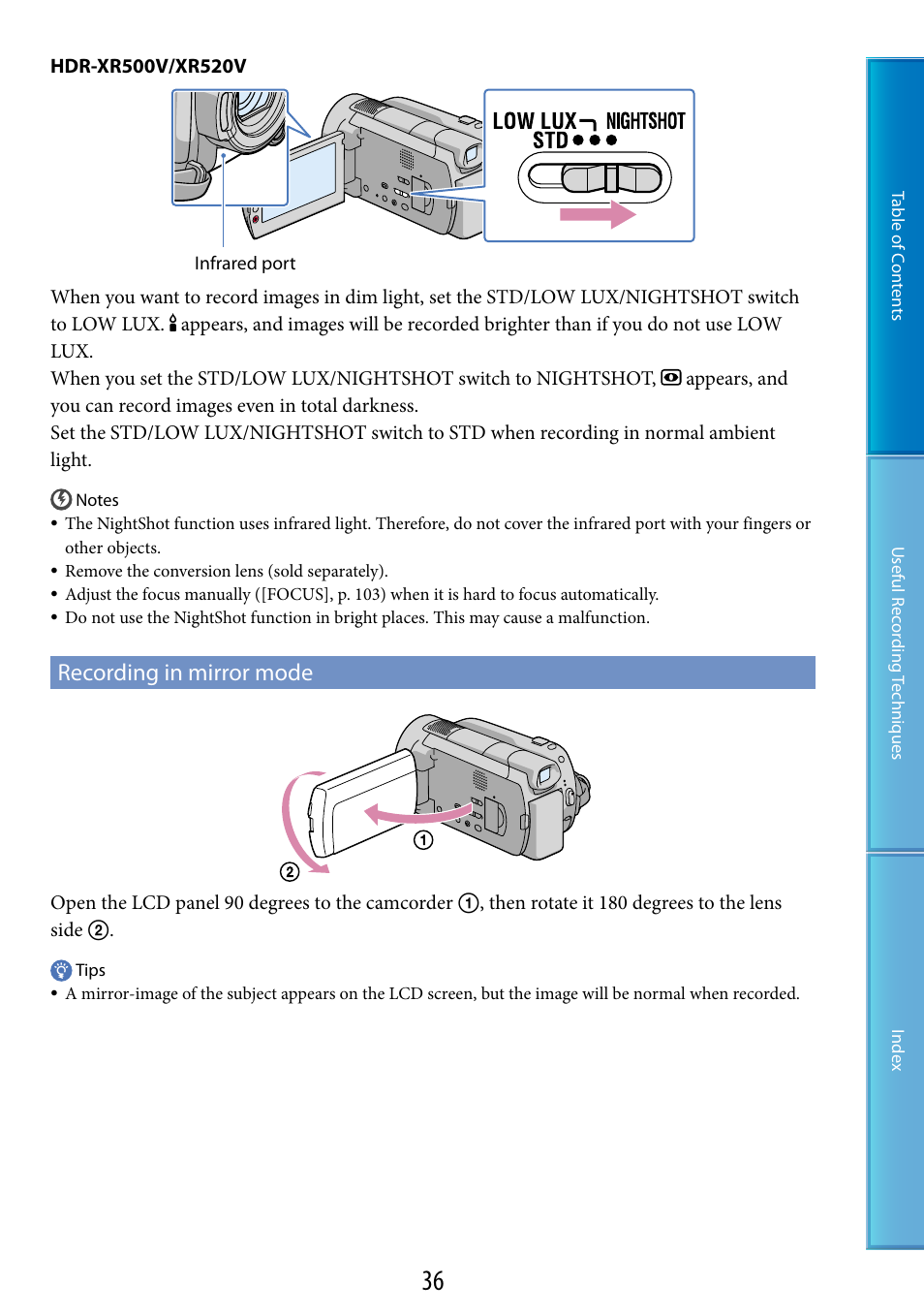 Recording in mirror mode | Sony HDR-XR520V User Manual | Page 36 / 136