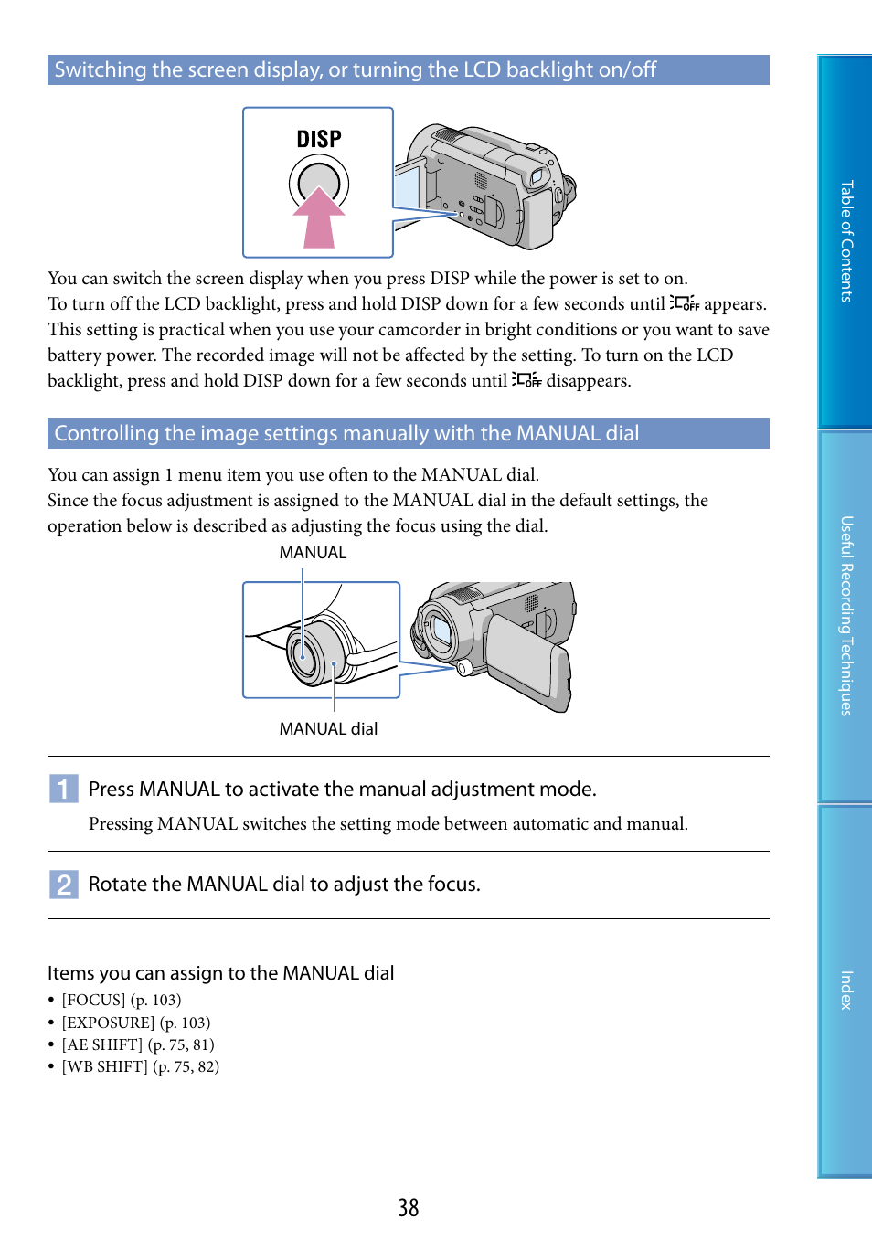 Al dial (38), On (38), F (38) | Sony HDR-XR520V User Manual | Page 38 / 136