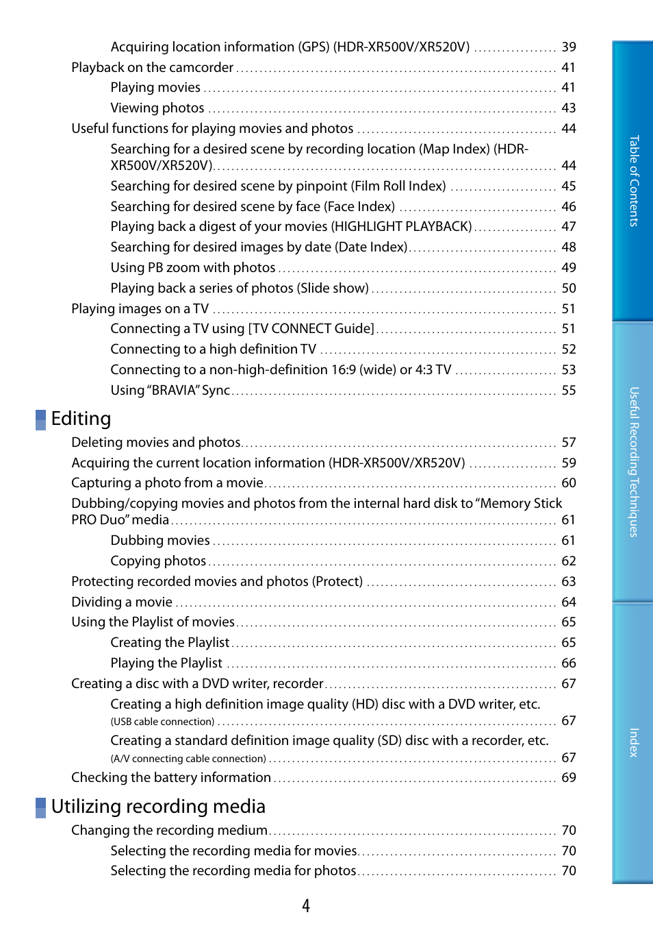 Editing, Utilizing recording media | Sony HDR-XR520V User Manual | Page 4 / 136