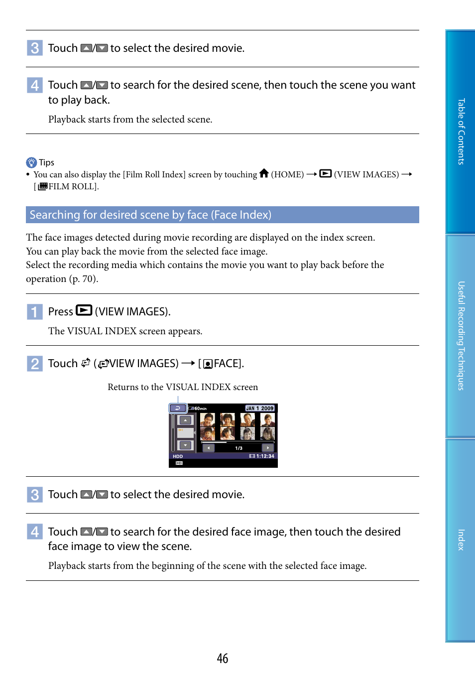 Searching for desired scene by face (face index) | Sony HDR-XR520V User Manual | Page 46 / 136