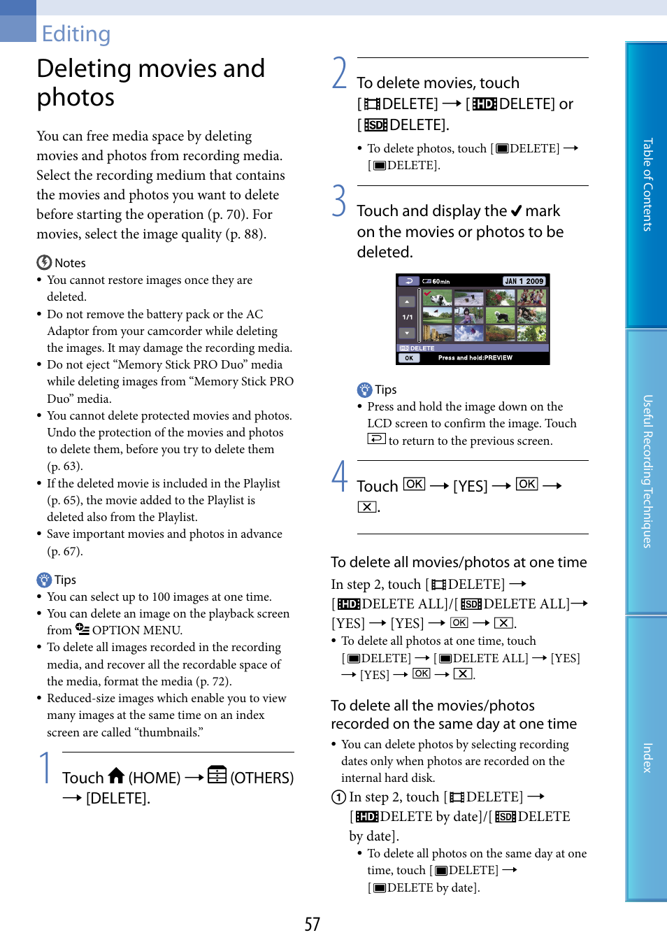Editing, Deleting movies and photos | Sony HDR-XR520V User Manual | Page 57 / 136
