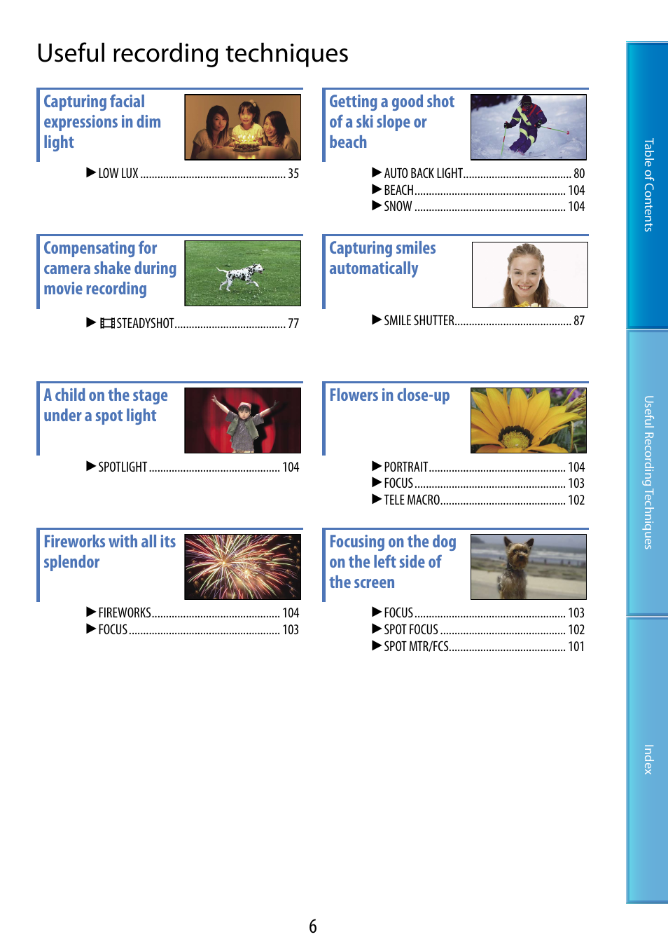 Useful recording techniques | Sony HDR-XR520V User Manual | Page 6 / 136