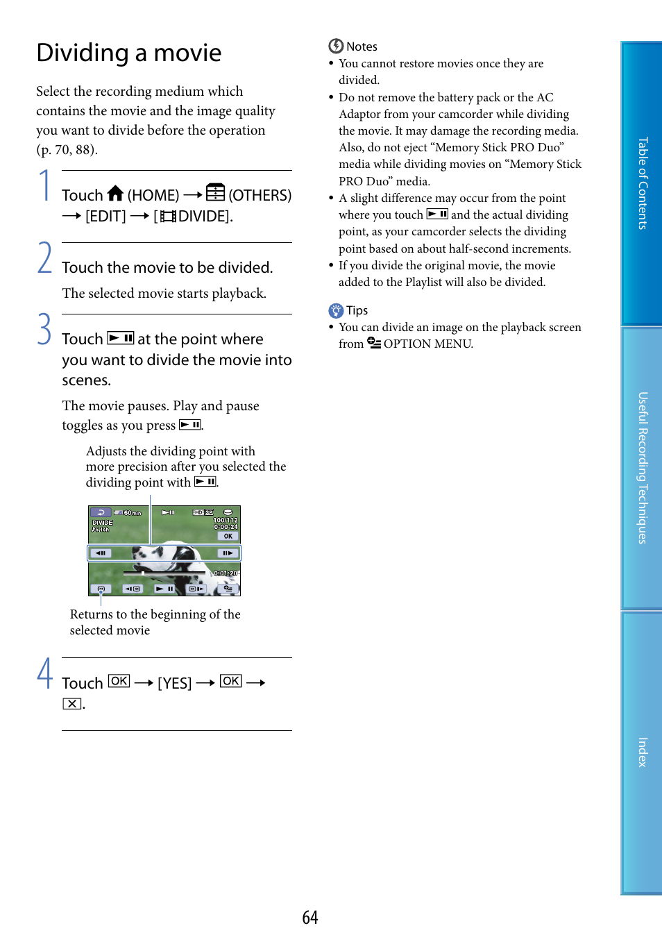 Dividing a movie | Sony HDR-XR520V User Manual | Page 64 / 136