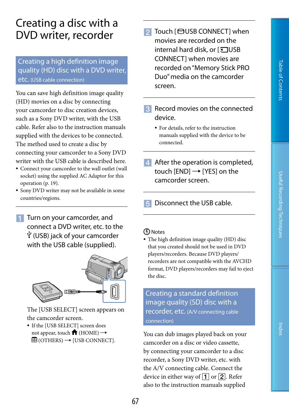Creating a disc with a dvd writer, recorder, Usb cable connection), A/v connecting cable connection) | Usb) jack (67) | Sony HDR-XR520V User Manual | Page 67 / 136