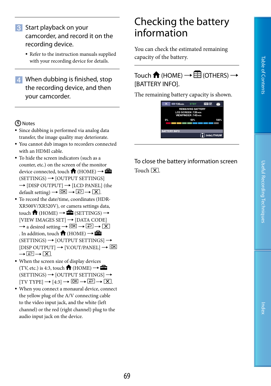 Checking the battery information, Touch (home)  (others)  [battery info | Sony HDR-XR520V User Manual | Page 69 / 136