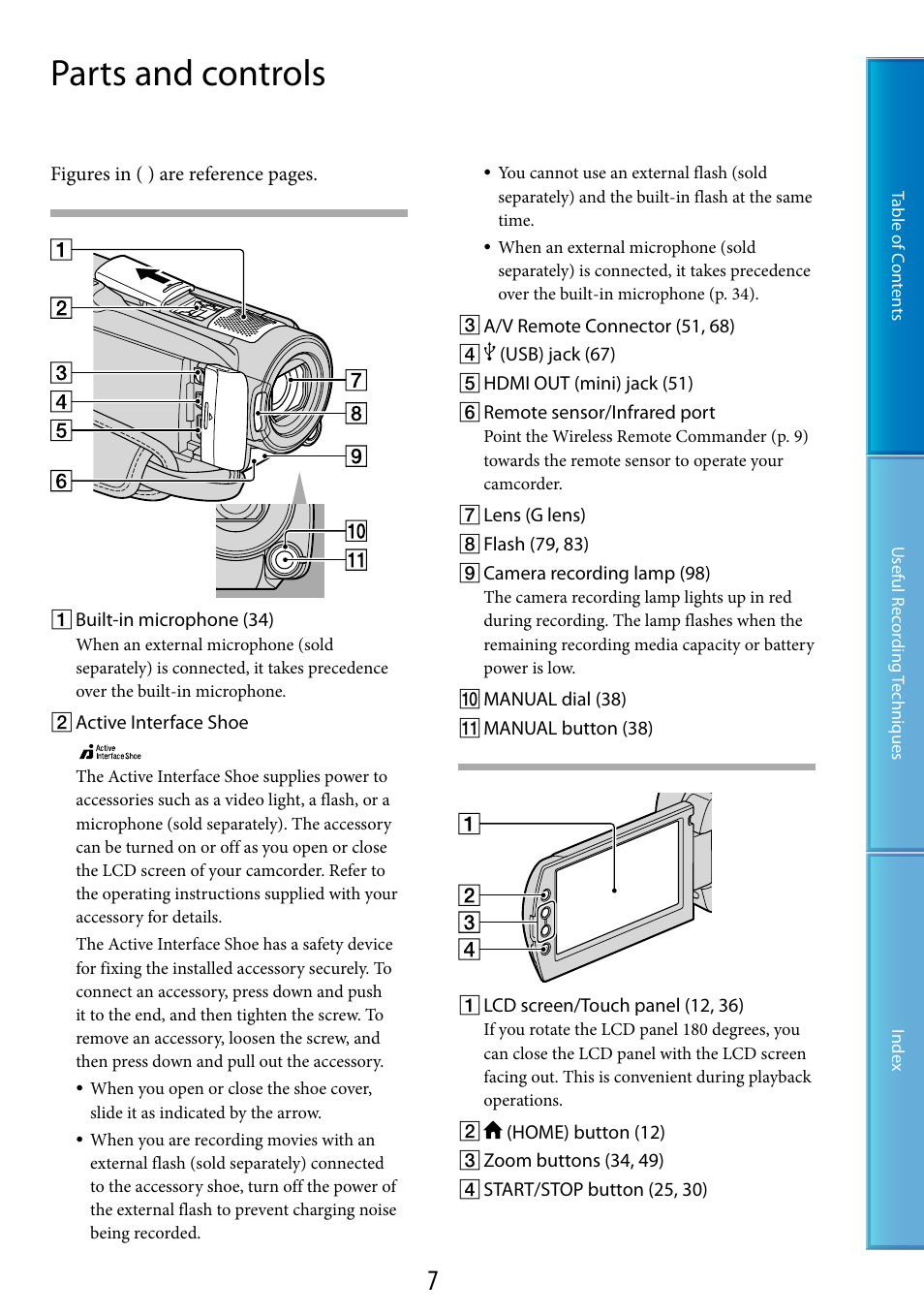 Parts and controls | Sony HDR-XR520V User Manual | Page 7 / 136