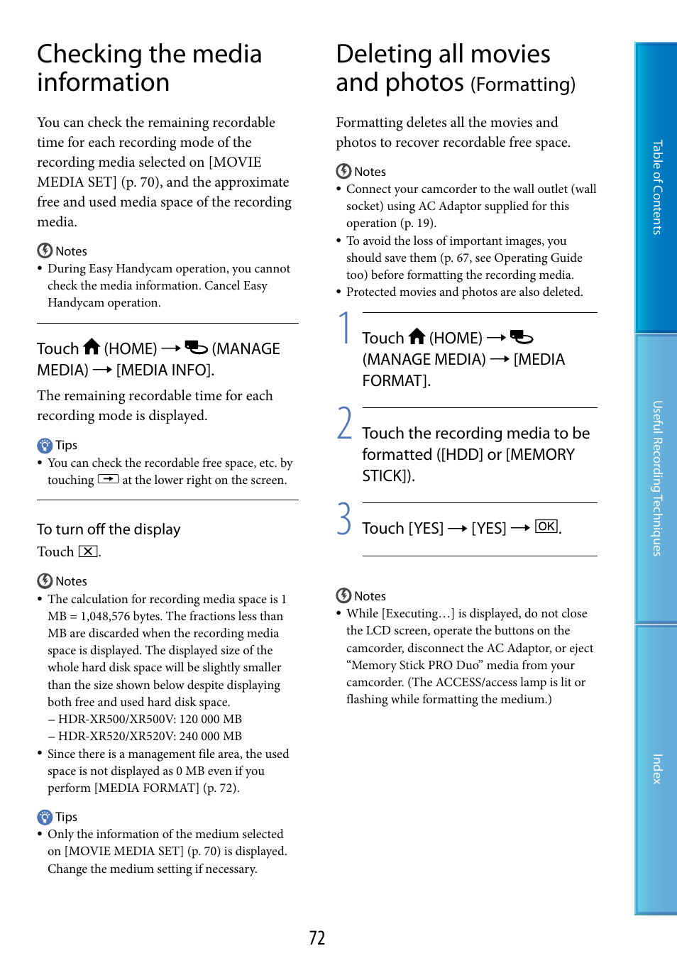Checking the media information, Deleting all movies and photos (formatting), Formatting) | 72) t, Deleting all movies and photos | Sony HDR-XR520V User Manual | Page 72 / 136
