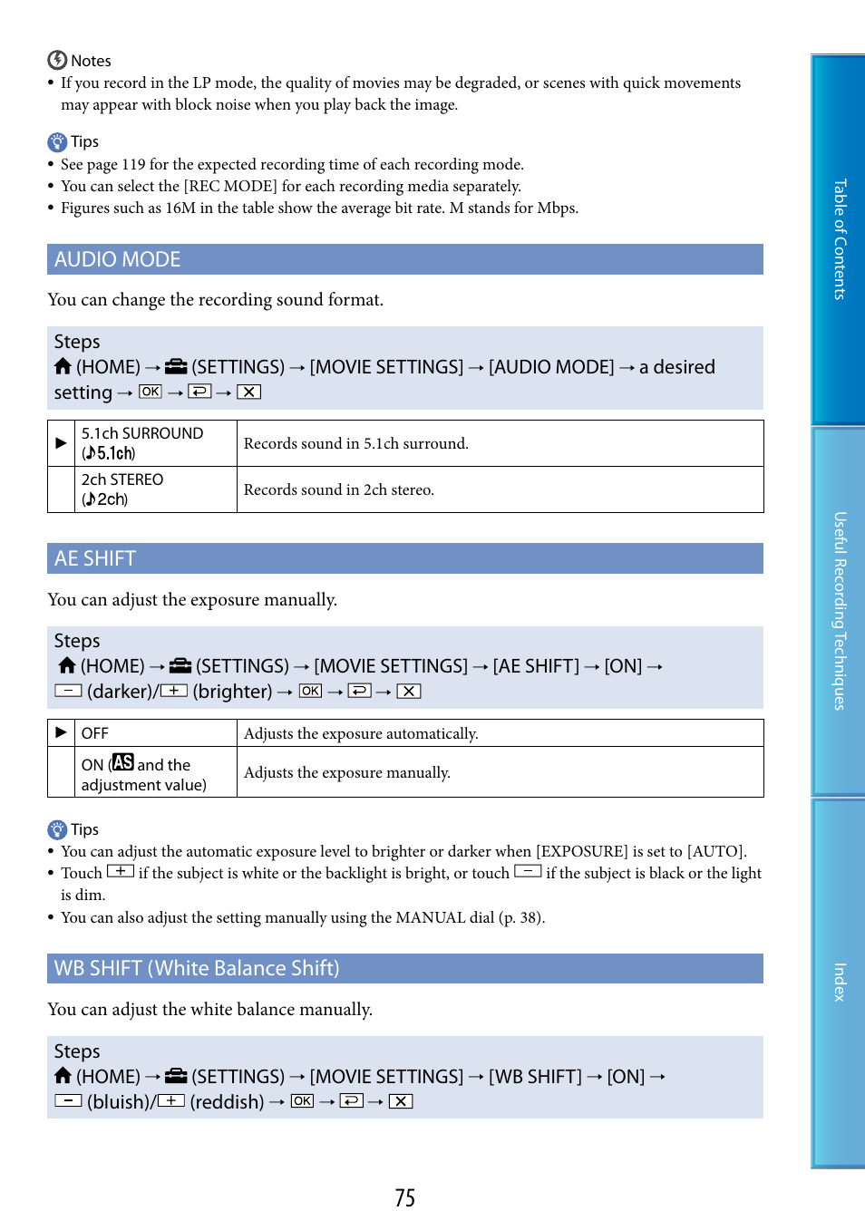 E (75), Hift (75), Audio mode | Ae shift, Wb shift (white balance shift), Steps (home), Settings), Movie settings, A desired setting, Darker)/ (brighter) | Sony HDR-XR520V User Manual | Page 75 / 136
