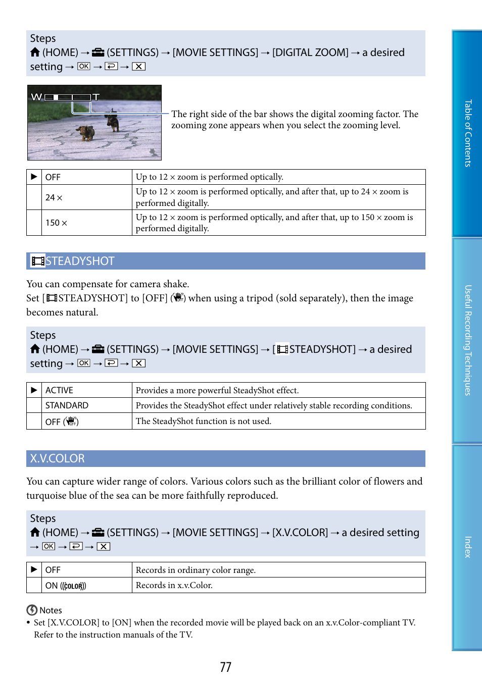 F (77, 83), R (77), Steadyshot | X.v.color | Sony HDR-XR520V User Manual | Page 77 / 136