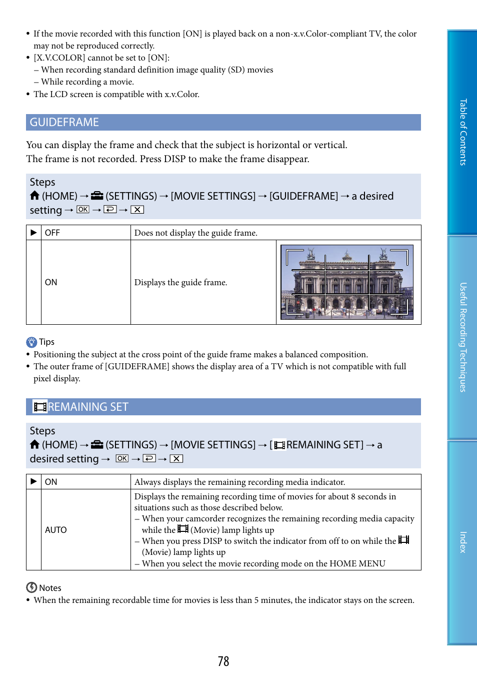 78), a, Guideframe, Remaining set | Steps (home), Settings), Movie settings, A desired setting, Adesired setting | Sony HDR-XR520V User Manual | Page 78 / 136