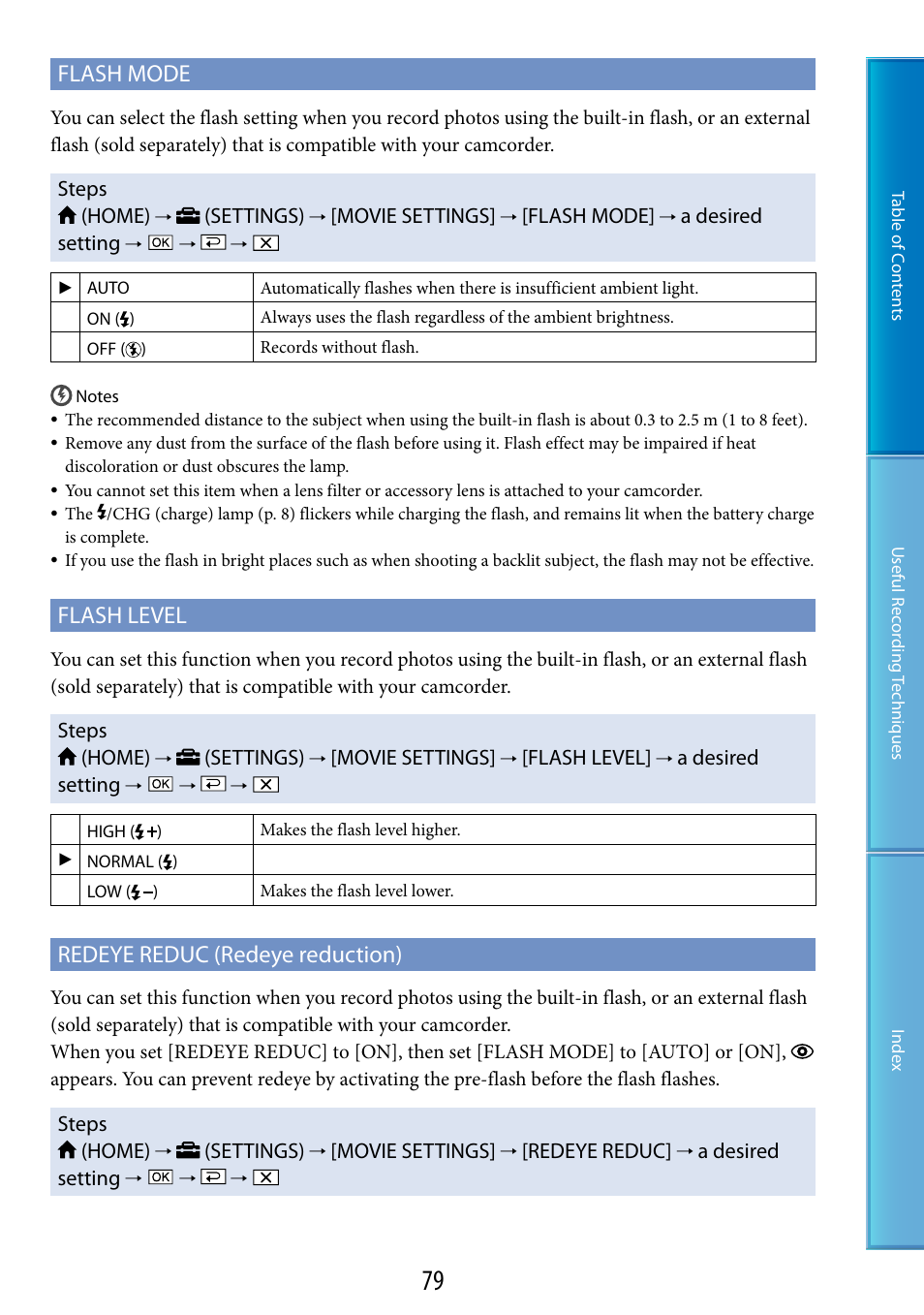 Lash (79, 83), Flash mode, Flash level | Redeye reduc (redeye reduction) | Sony HDR-XR520V User Manual | Page 79 / 136